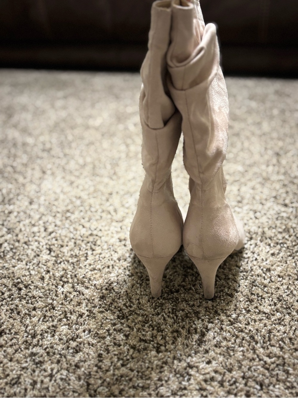 Women's Cream Mid-Calf Pointed Toe Heeled Boots - Picture 2 of 3